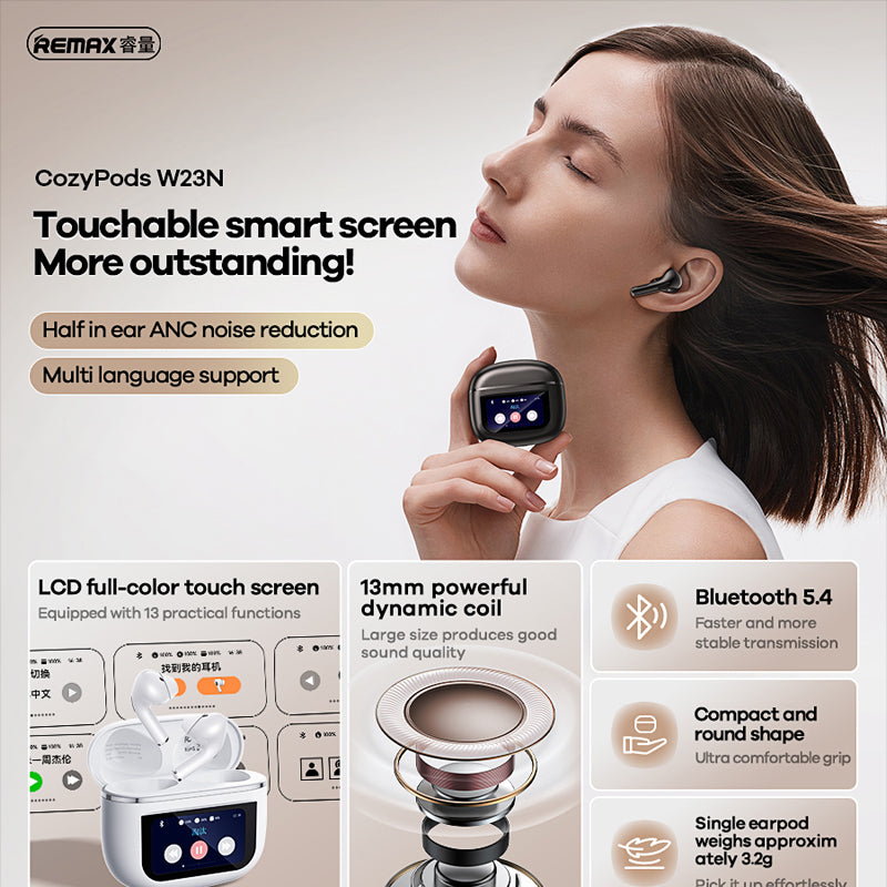 Remax Cozy pods True Wireless Earbuds Touch Screen ANC Noise Cancelling Bluetooth Headphones W23N - White Remax Cozy pods True Wireless Earbuds Touch Screen ANC Noise Cancelling Bluetooth Headphones W23N - White
